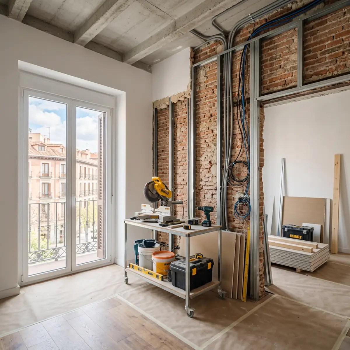 Piso en obras durante una reforma integral en Madrid con instalaciones eléctricas visibles