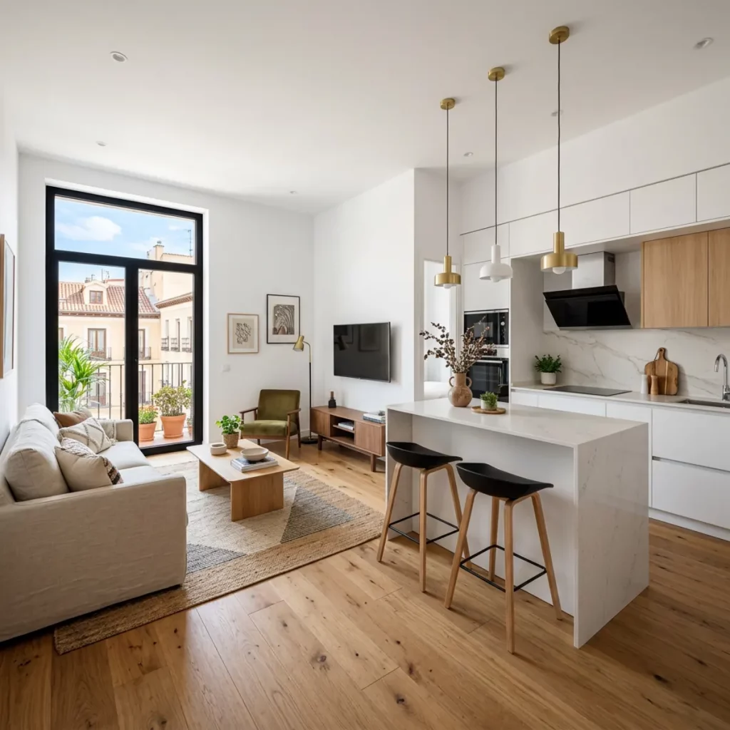 Piso completamente reformado en Madrid con salón cocina abierta y acabados modernos
