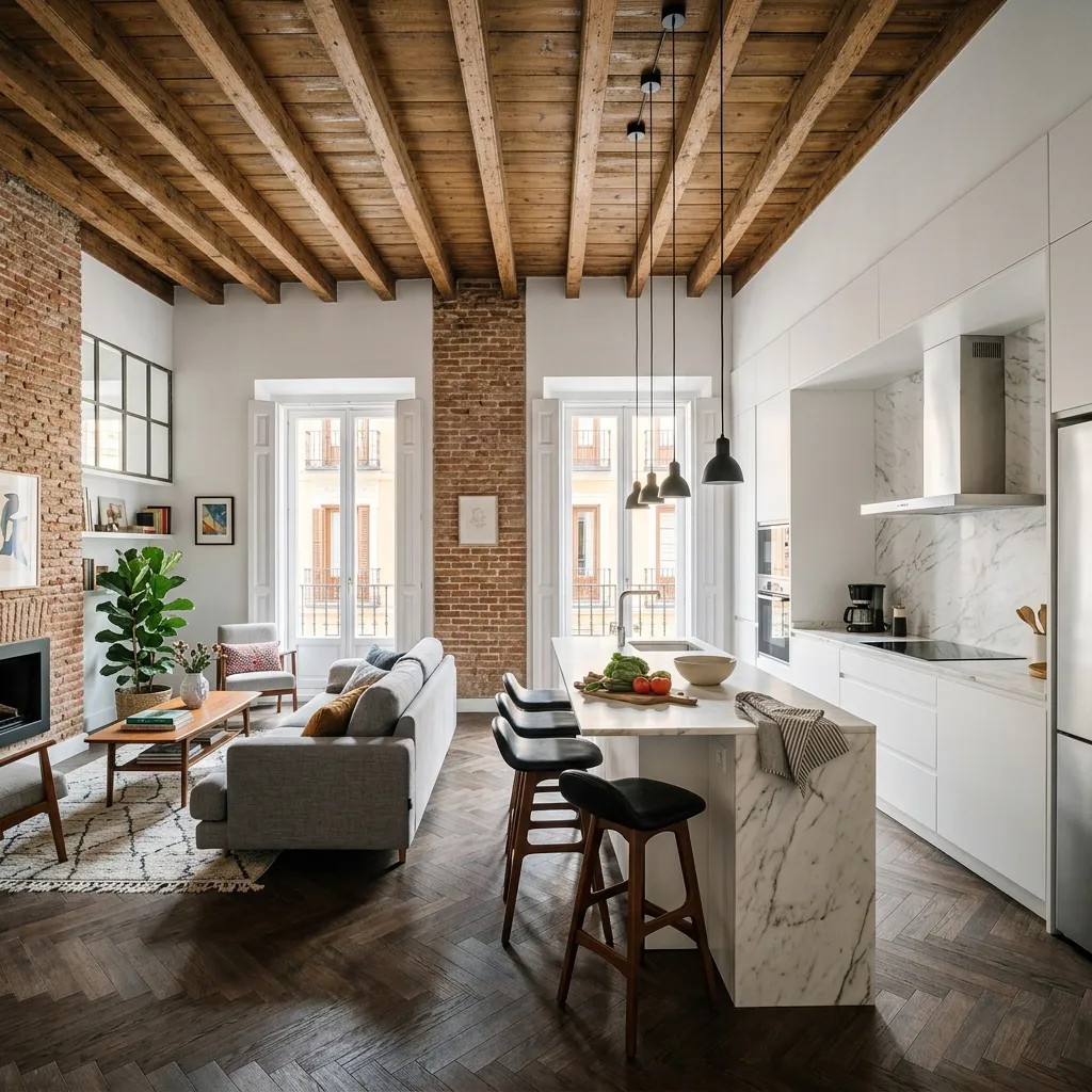 reformas de pisos en chamberí, Cocina moderna abierta integrada al salón en un piso antiguo reformado en Madrid