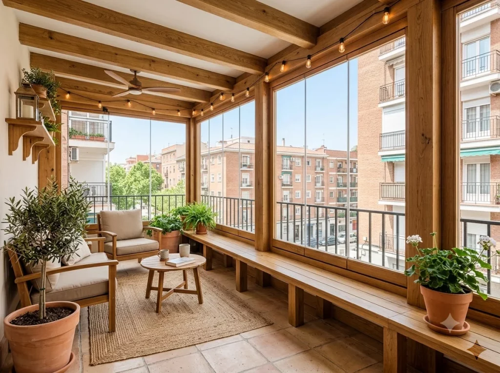 Terraza cerrada con perfilería de madera, banco integrado de obra y ventanales de suelo a techo en piso de madrid