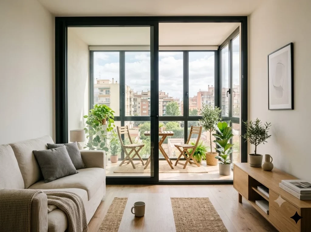 Terraza cerrada con obra utilizando perfilería de aluminio negro y amplios ventanales de cristal en un piso pequeño de estilo minimalista