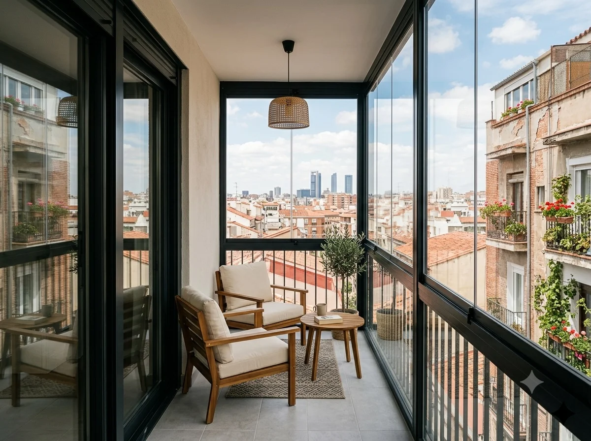 Terraza de piso madrileño acristalada con perfilería de aluminio negro y mobiliario de madera, luego de cerrar la terraza con obra