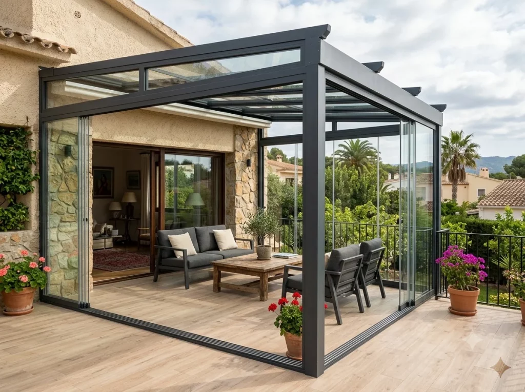 Cerramiento de terraza exterior en casa unifamiliar con estructura de aluminio antracita, techo transparente de cristal y cortinas de cristal correderas