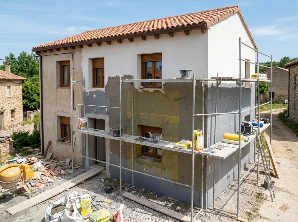 Reforma de fachada de vivienda unifamiliar con la instalación de placas de aislamiento térmico exterior (SATE) sobre andamios en un día soleado de verano