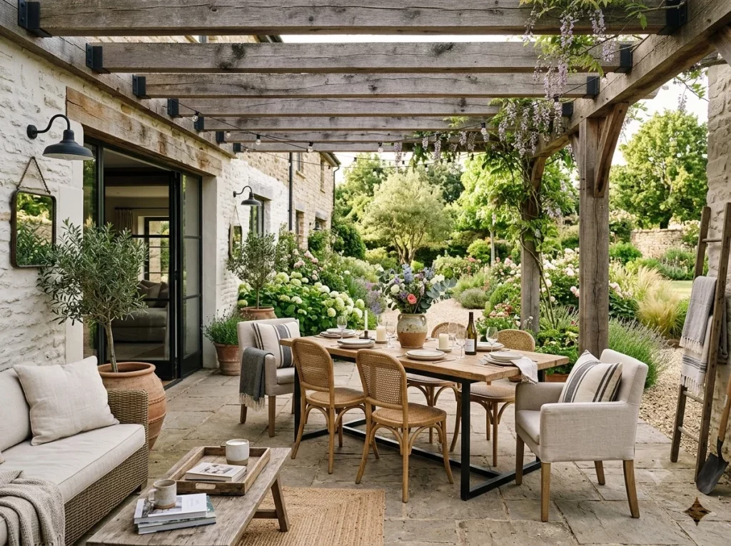 Terraza reformada estilo Modern Farmhouse con mesa de madera, pérgola, plantas y suelo porcelanico