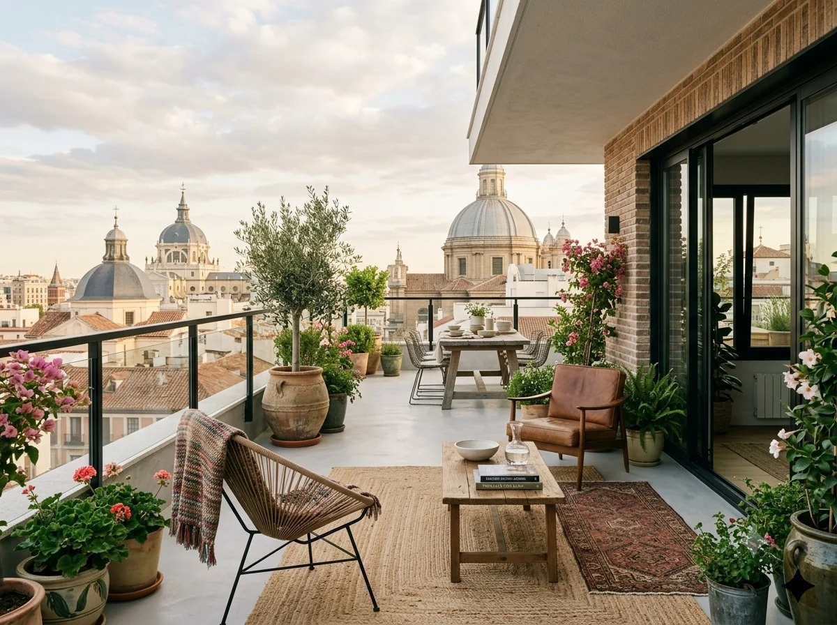 Reformas de terrazas modernas en pisos de Madrid con suelo de microcemento, mobiliario de estilo vintage y vistas a la ciudad
