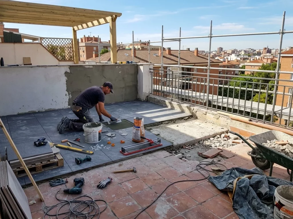 Obrero instalando baldosas de suelo porcelanico gris durante la reforma de una terraza exterior.