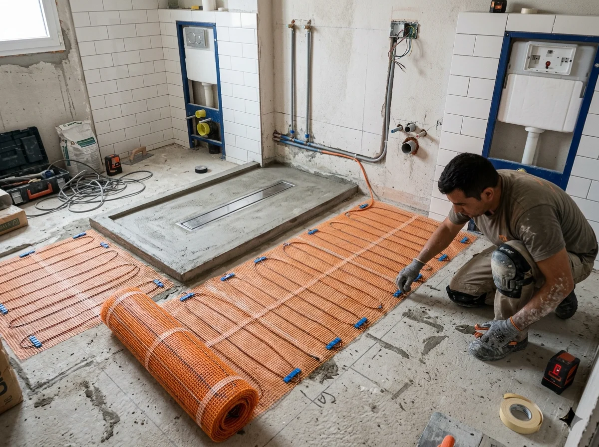 instalación de suelo radiante eléctrico en baño de piso de madrid