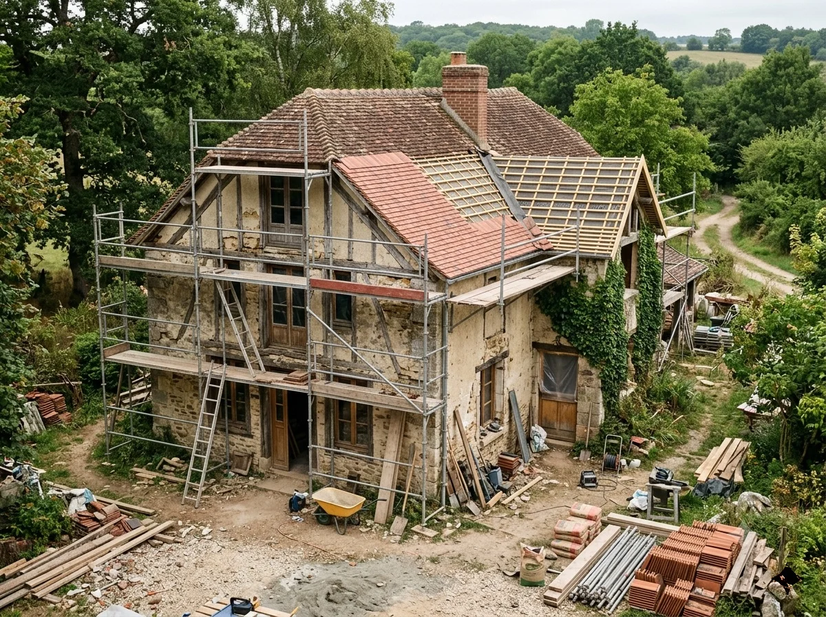 permisos para reformar una casa antigua en madrid. vivienda antigua en proceso de reforma con andamios para la tramitación de licencia de obra