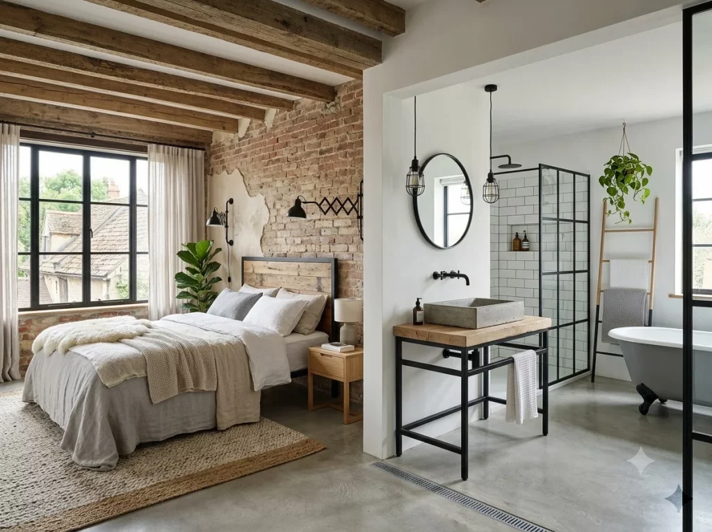 Dormitorio principal con baño suite de diseño industrial nórdico proyectado en una reforma integral con licencia urbana