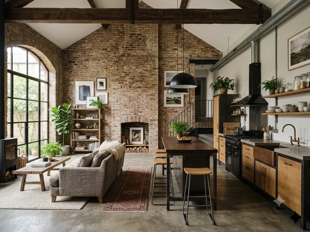 Interior de salón cocina abierto de estilo industrial nórdico reformado tras obtener los permisos de redistribución interior