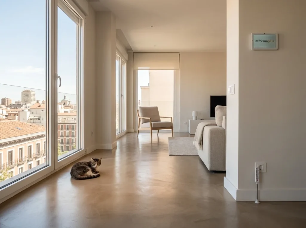 Salón moderno y luminoso reformado con acabado de microcemento e instalación de calefacción por suelo radiante.