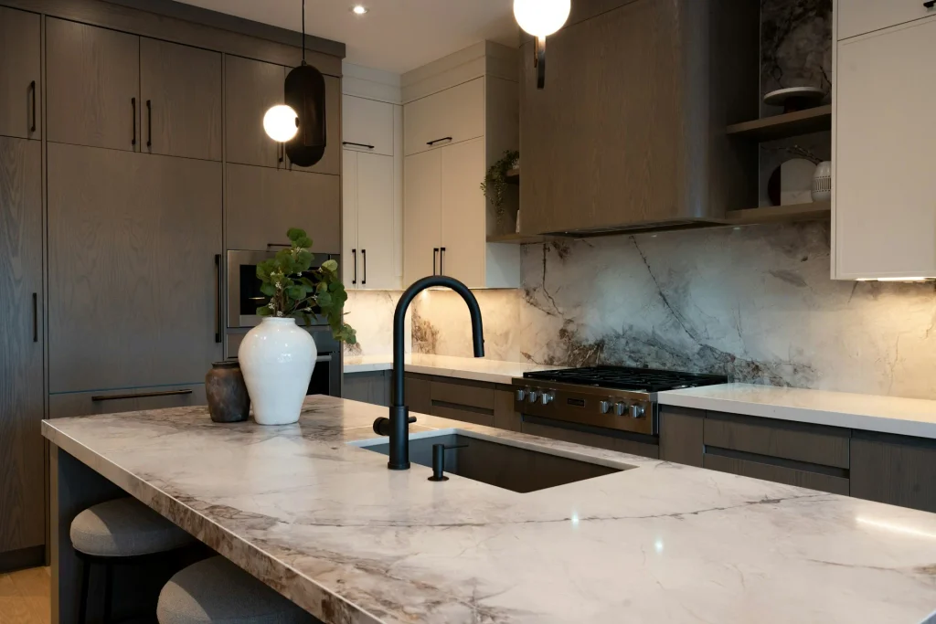 cocina moderna con muebles en color carbón y crema, encimera de marmol con vetas oscuras y detalles de grifería en negro