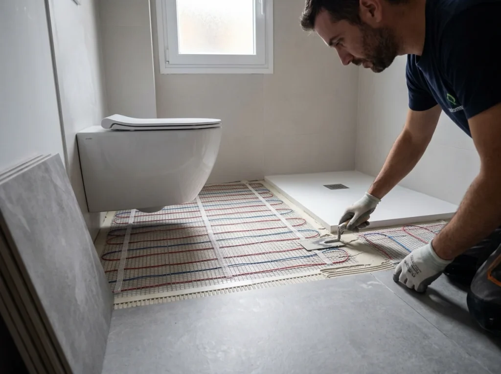 Instalador aplicando mortero sobre una malla de suelo radiante eléctrico en la reforma de un baño.